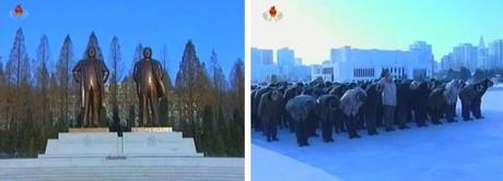 DPRK leadership (R) pay their respects to statues of Kim Il Sung and Kim Jong Il (L) at the Ministry of the People's Armed Forces on 23 December 2012 (Photos: KCTV screengrabs)