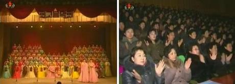 A 23 December 2012 concert in Hoeryo'ng City by the Hoeryo'ng chapter of the KDWU to commemorate the 95th anniversary of Kim Jong Suk's birth and the 21st anniversary of KJI's appointment as KPA Supreme Commander (Photos: KCTV screengrabs)