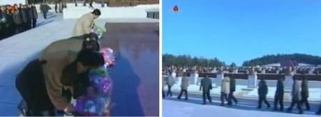 Scientists, technicians and other personnel who participated in the 12 December U'nha-3 launch deliver flowers and visit the Revolutionary Martyrs Cemetery on Mt. Taeso'ng in Pyongyang on 24 December 2012 (Photos: KCTV screengrabs)