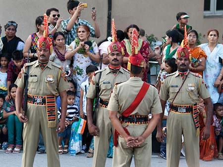 Indian guards performing a show at the Indian-Pakistan border