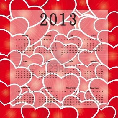 2013 calendar with hearts
