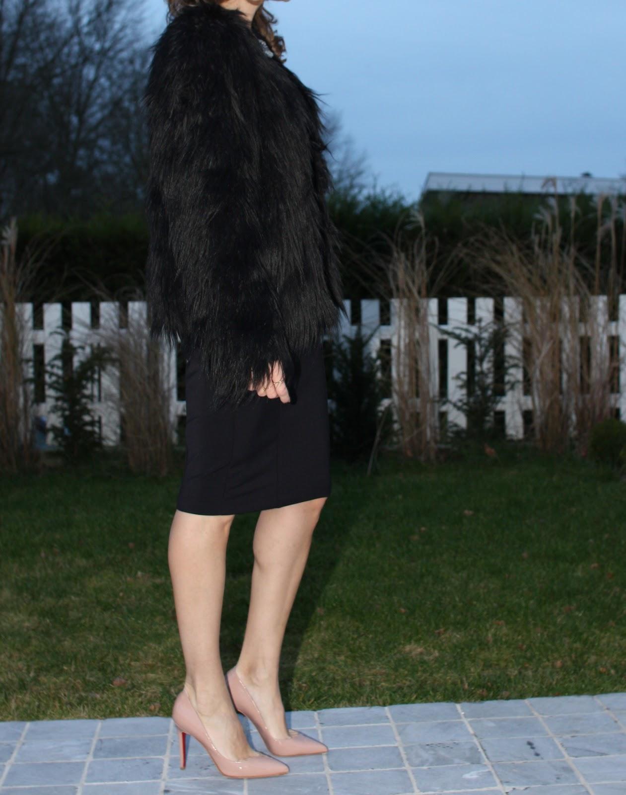 The statement neckline dress, the faux-fur jacket and the nude pumps