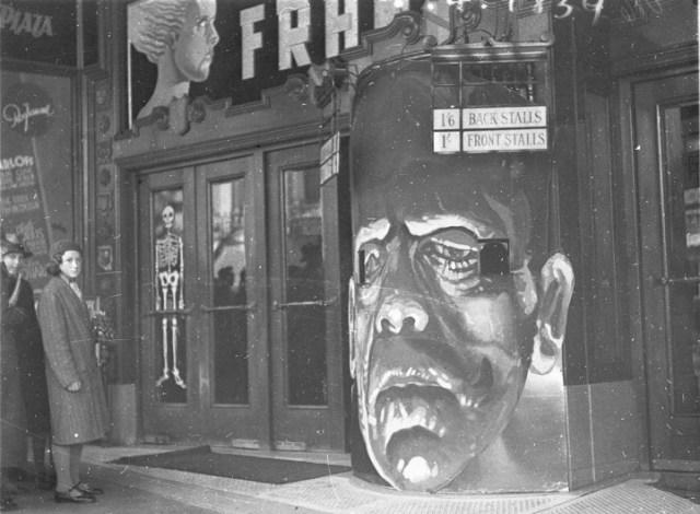 Bride of Frankenstein_Theater box office converted into the face of Frankenstein's monster to publicize the opening of Bride of Frankenstein.