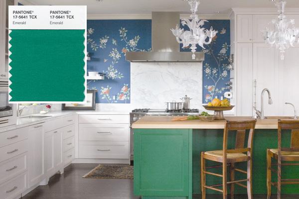 Kitchen with emerald green cabinetry
