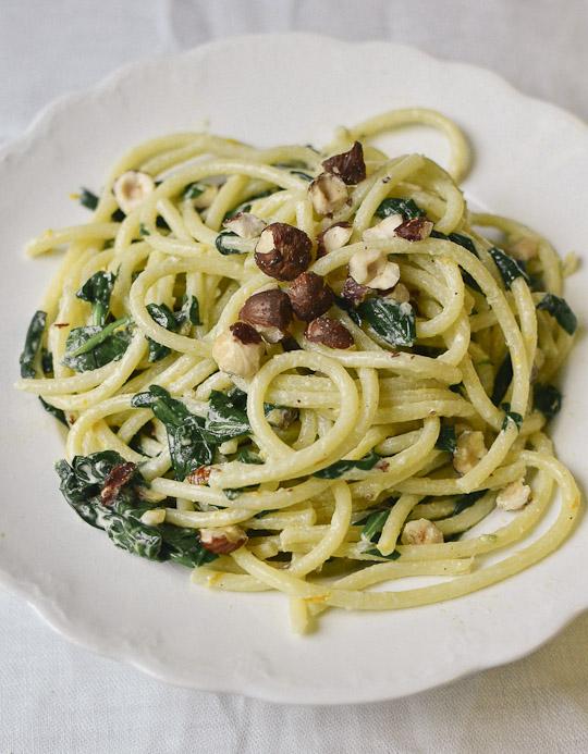 Pasta with spinach, mascarpone, hazelnuts, and parmesan from The Kitchn