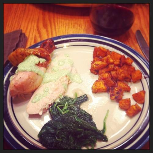 #grilled #chicken #sweetpotato #spinach #greensauce #tasty...