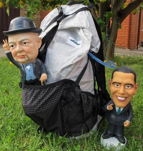 statues of obama and churchill with hmg southwest windrider backpack