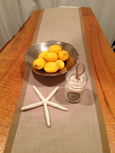 NookAndSea-Blog-Table-Runner-Tan-Beige-Neutral-Brown-Creme-Cream-Bordered-Starfish-Candle-West-Elm-Island-Oasis-Glass-Container-Rope-Lemons-Bowl-Table-Wood-Raw