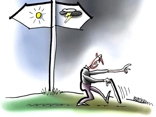 detail image of illustration of angry blind man with cane groping and walking past signpost indicating two basic paths either into sunlight with life, love, song, optimism, positive attitude, or into darkness with death, negativity, hate, pessimism, and sour disposition, you've got to take off blinders and choose wisely to support your mental health and affirm others