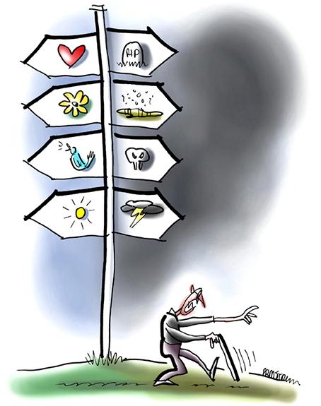 illustration of angry blind man with cane groping and walking past signpost indicating two basic paths either into sunlight with life, love, song, optimism, positive attitude, or into darkness with death, negativity, hate, pessimism, and sour disposition, you've got to take off blinders and choose wisely to support your mental health and affirm others
