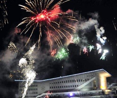 A New Year's Day fireworks display over the Pyongyang Indoor Stadium on 1 January 2013 (Photo: Rodong Sinmun)