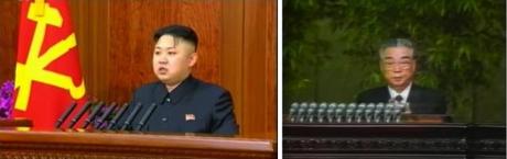 Kim Jong Un (L) concludes his New Year's Day remarks on 1 January 2013 and Kim Il Sung concludes his New Year's Day remarks on1 January 1994 (Photos: KCTV screengrabs)