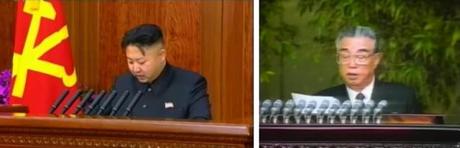 Kim Jong Un (L) delivers the 2013 New Year's Day Speech, reviving a tradition under Kim Il Sung (R), seen delivering his last New Year's Day message on 1 January 1994 (Photos: KCTV screengrabs)