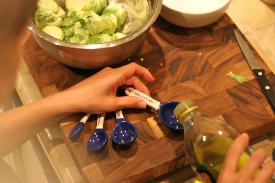 NookAndSea-Blog-Brussel-Sprouts-Recipe-West-Elm-Measuring-Spoons-Blue-Dipped-Ceramic-Wood-Cutting-Board-Recipe