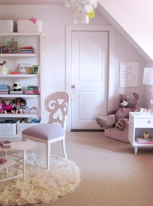 girl's room by Elizabeth Sullivan, modern whimsy, white, lilac, fur rug
