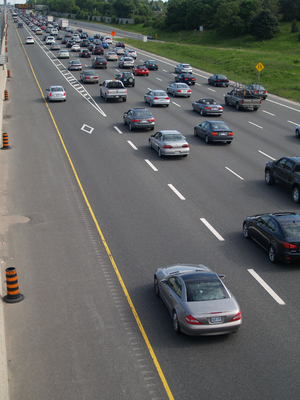 A high-occupancy vehicle lane on Ontario Highw...