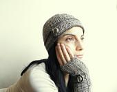 Brown hat beanie crochet with vintage button strap textured taupe coffee nougat cyber monday - Accessorise