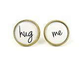 Hug Me Earring Studs - Black White Earring Posts - Romantic Jewelry - Love Message - Free Shipping - MistyAurora