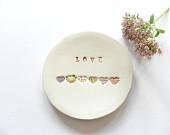 Love Ceramic  Dish White Circle Pottery Rainbow Hearts Valentine Decor - Ceraminic