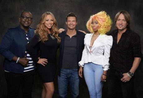 Mariah Carey, Ryan Seacrest, Randy Jackson, Keith Urban and Nicki Minaj in American Idol. (Fox)