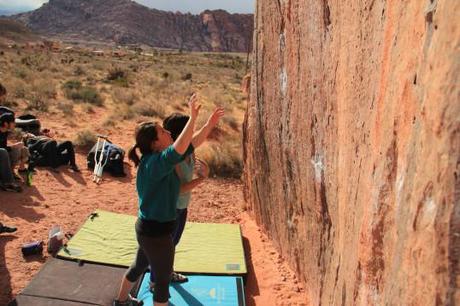 Alana and Vikki working out short (and extremely painful) beta for a Red Rocks classic, The Pearl