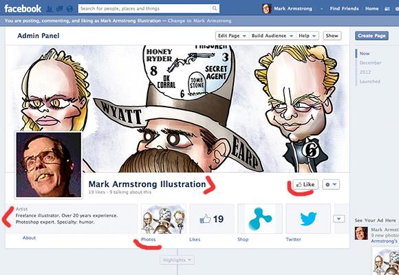 screen shot of Mark Armstrong Illustration Facebook page showing celebrity caricature cover photo, thumbnail for portfolio album, Like button, and Fine Art America shop for prints button