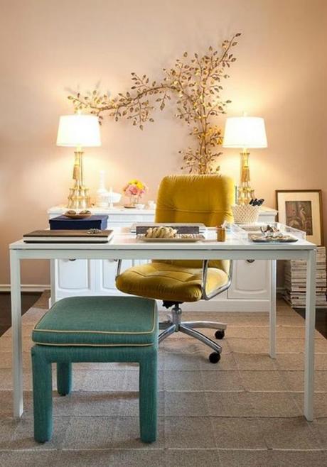 NookAndSea-Mustard-Yellow-Chair-Office-Blue-Stool-Ottoman-Vine-Wall-Art-Gold-Glam-Chic