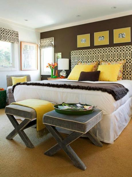 NookAndSea-Bedroom-Modern-Brown-Walls-Paint-Window-Treatment-Geometric-Yellow-Mustard-Stools-Headboard