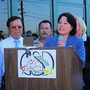 Garvey School District Board Member Janet Chin at a Sep. 28 press conference - Photo by Jim E. Winburn