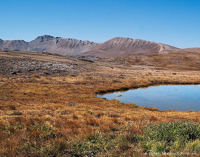 Mountain landscape photo, of the alpine tundra and a small spring fed lake at the top of Independence Pass, Colorado.