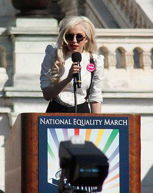 Lady Gaga holding a speech at National Equalit...