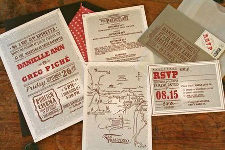 Vintage wedding invitations with red detail from Oh So Beautiful Paper