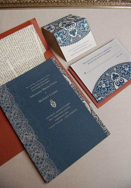 Vintage navy blue wedding invitation suite by Sarah Drake on Style Me Pretty
