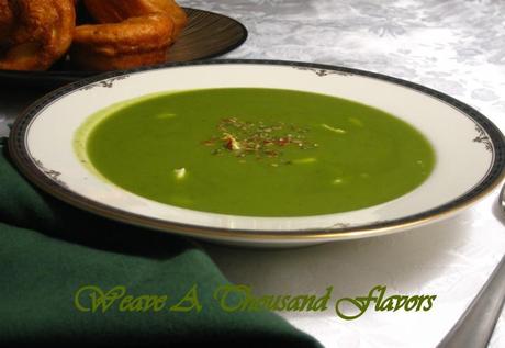 Chilled Pea & Mint Soup with Goat Cheese & Pink Peppercorns