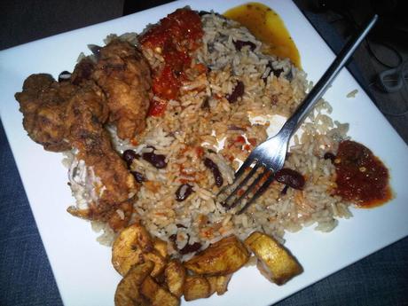 Rice and peas, chicken, plantain