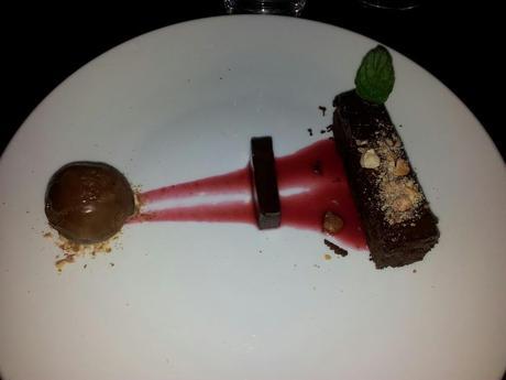 Latter, Oslo - Chocolate in three ways; ganache, ice cream and cake with berry coulis