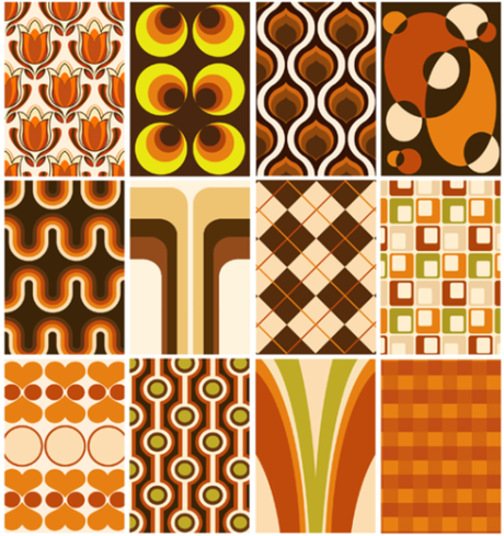 retro 70s living room wallpaper pattern samples orange brown avocado green