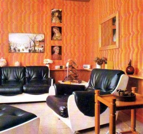 retro 70s living room wallpaper striped orange yellow vintage