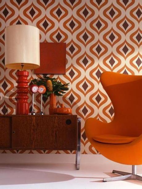 retro g plan living room orange-pattern-wallpaper