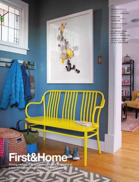 Crate-And-Barrel-January-Inspiration-Catalog-2013-Blue-Wall-Paint-Color-Yellow-Bench-Geometric-Rug-Grey-Gray-Mud-Room-Entry