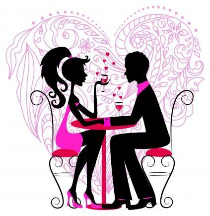Silhouette of the romantic couple over floral heart