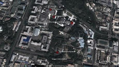View of KJI's main base of operations showing his headquarters (the KWP CC #1 Office), his personal clinic and two of the residences where he alternated staying when he was in the city center of Pyongyang.  KJI's residential compounds in Ryongsong District and Kangdong County, and those lcoated in the provinces, also had clinic facilities and on-call medical personnel (Photo: Google image)