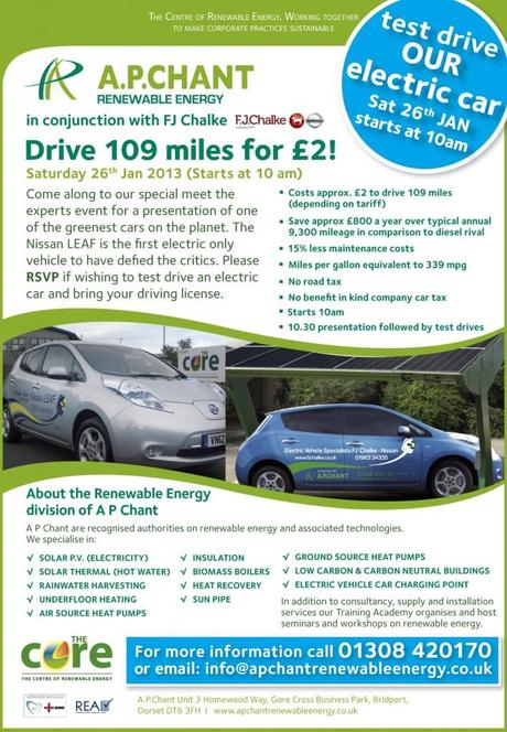 Test drive a Nissan LEAF at A.P. Chant’s Renewable Energy Event in Bridport – 26th January 2013