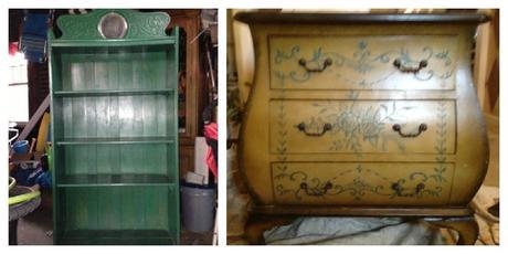 an antique bookcase and a bombe chest before a transformation