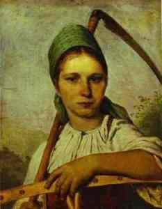 c1825 painting - Peasant women with scythe and rake - by Venetsanov - Russia - 778