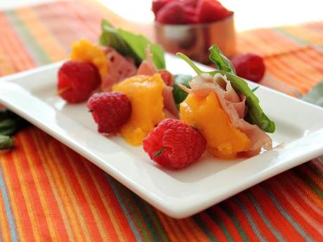 Prosciutto and Papaya Skewers with Basil and Raspberry