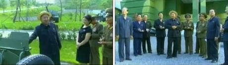 Kim Jong Un examines an artillery piece (L) and stands at the entrance of the KPA Exhibition of Arms and Equipment (Photos: KCTV screengrab)