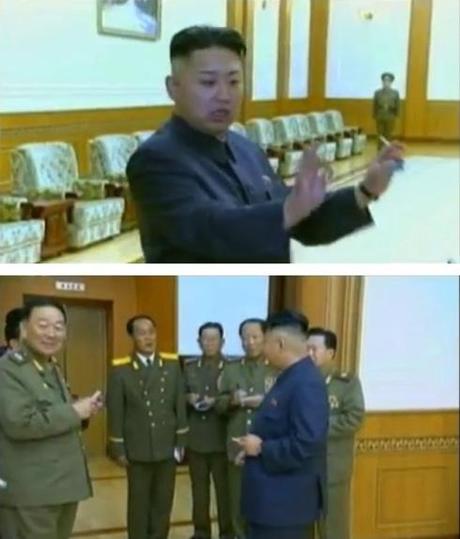 Kim Jong Un smokes a cigarette after the KPA Brass Band performance (top) and talking to officials (Photos: KCTV screengrab)