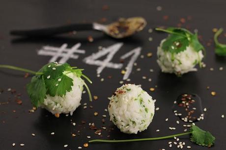 Rice balls with cilantro & chili soy dip # 41