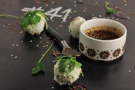 Rice balls with cilantro & chili soy dip # 41
